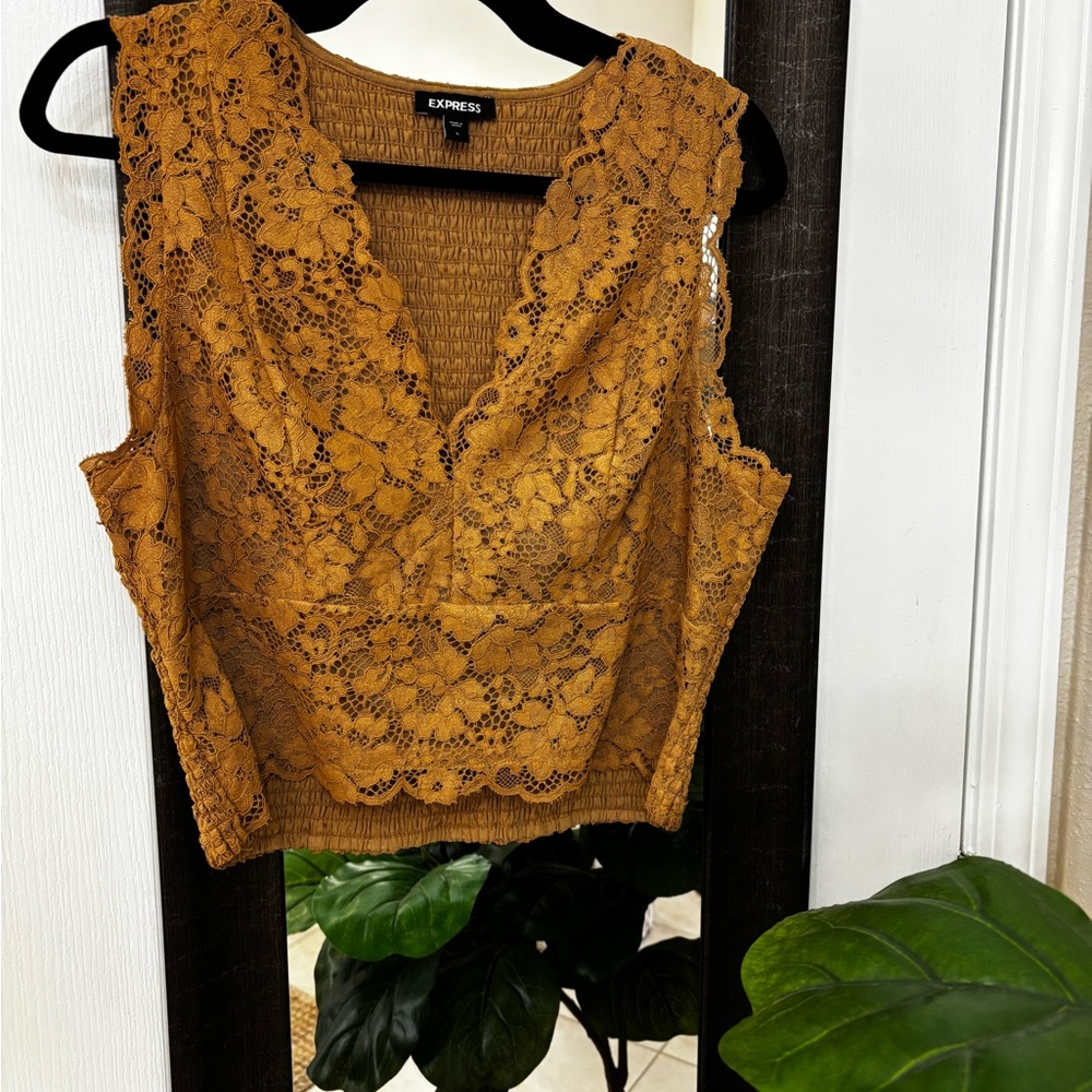 Express Nutmeg colored, smocked, Lace Women's Top.